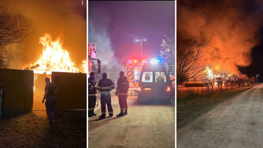 Incendiu devastator la o casă din localitatea Rudicia, lângă Timișoara, cu flăcări uriașe și intervenția pompierilor.