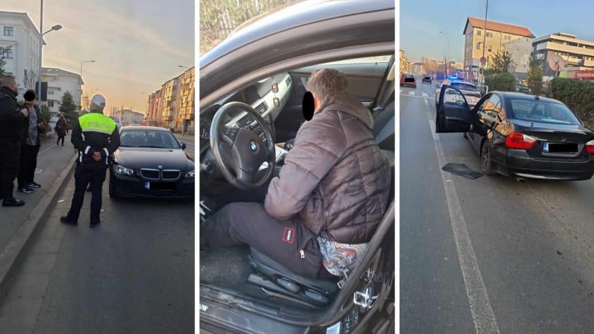 Șofer beat la volanul unui BMW, blocat în mijlocul drumului la Timișoara. Poliția a intervenit și a descoperit o alcoolemie de 0,86 mg/l.