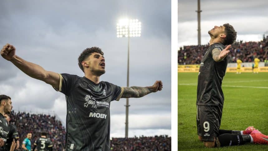 Florinel Coman sărbătorește după ce a marcat un gol spectaculos la debutul său pentru Cagliari în Serie A.