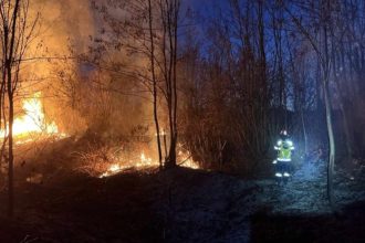 Pompier rănit în timpul intervenției pentru stingerea incendiilor de vegetație din Banat, însoțit de echipaje de salvare și un elicopter Black Hawk în acțiune.
