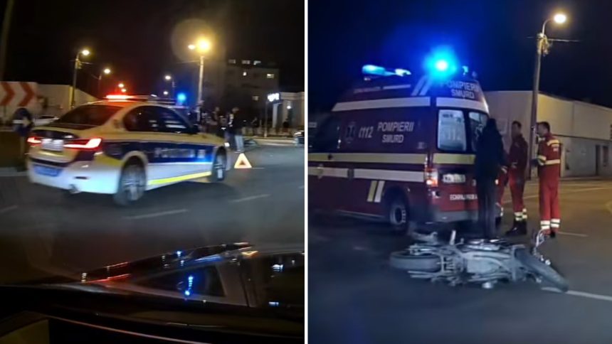 Motocicletă căzută pe asfalt într-o intersecție din Timișoara, după un accident ușor.