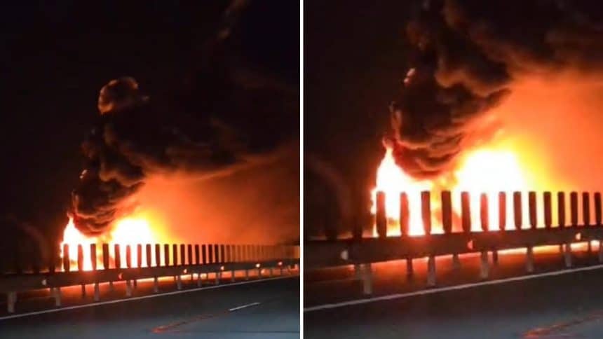 TIR cuprins de flăcări pe Autostrada A1 între Traian Vuia și Margina, cu intervenția pompierilor și trafic blocat.