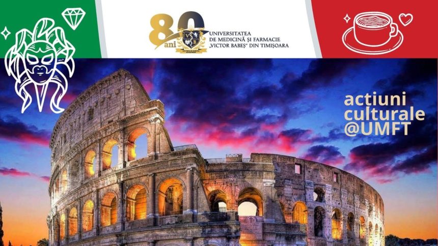 Studenți italieni ai UMF Timișoara prezentând cultura, tradițiile și arta Italiei în cadrul evenimentului Topos 2025