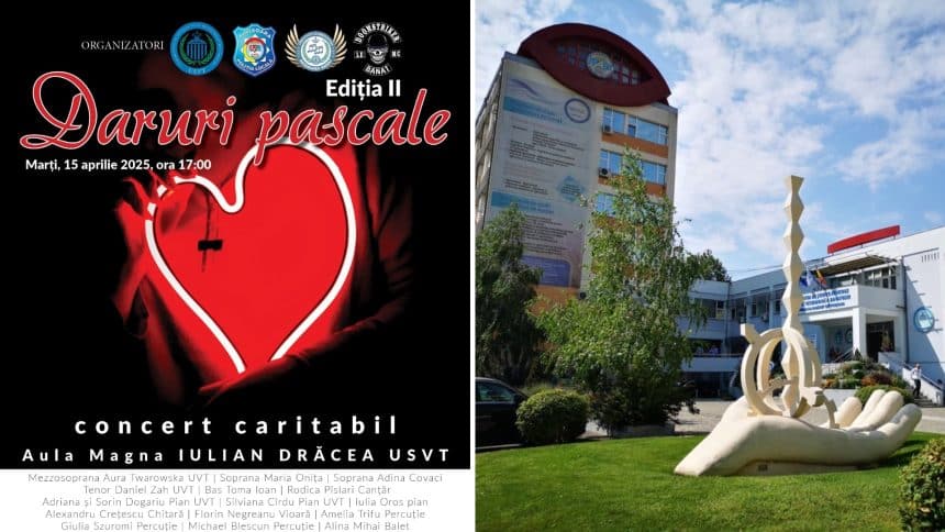 Artiști pe scena Aulei Magna din Timișoara în cadrul concertului caritabil Daruri Pascale 2025