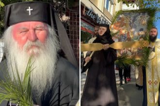 Credincioși din Timișoara în marșul Floriilor, purtând ramuri de salcie și icoane, alături de Mitropolitul Banatului, ÎPS Ioan
