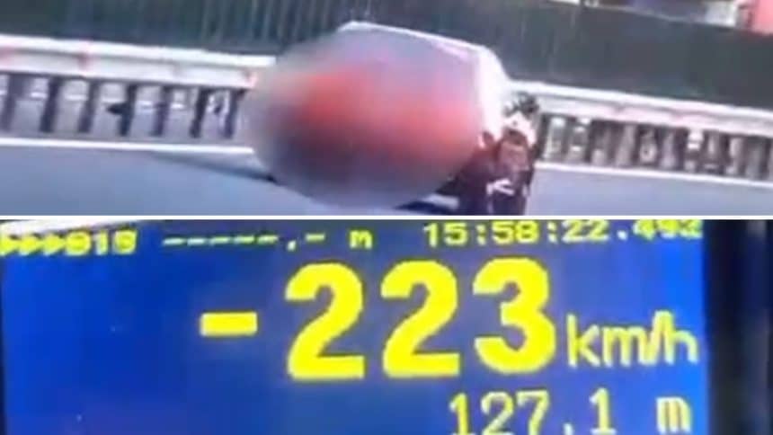 Mașină surprinsă de radar circulând cu 223 km/h pe Autostrada A1, oprită de poliție pentru sancționare.