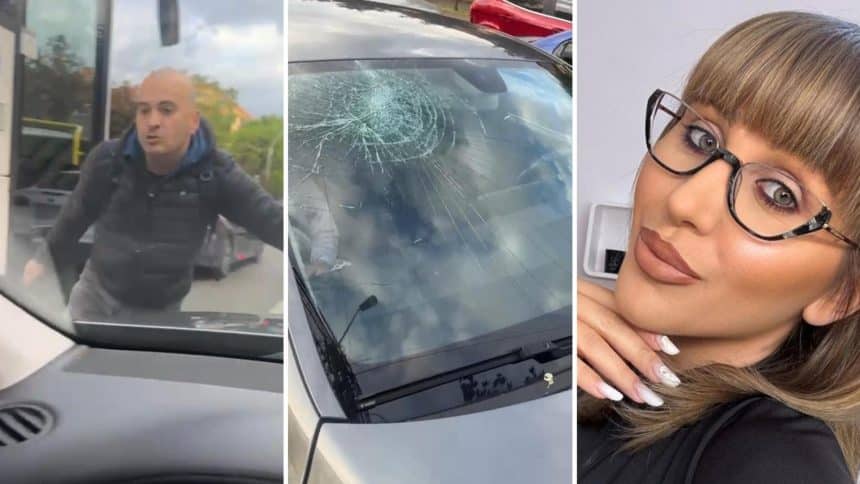 Mașina Danei Roba cu parbrizul spart după agresiune în Timișoara