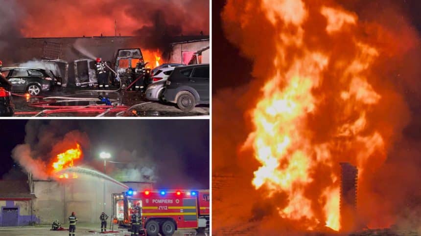 Incendiu de proporții la o hală auto din Timișoara, cu flăcări uriașe și zeci de mașini distruse