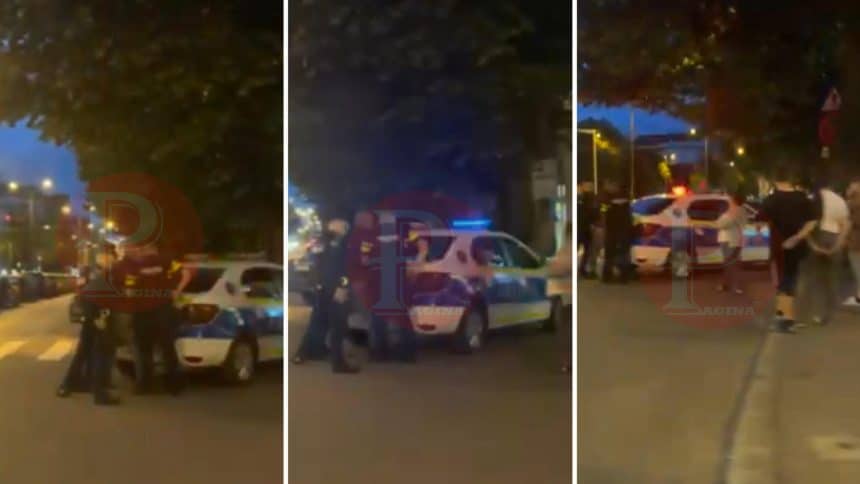 Bărbat încătușat de polițiști pe strada Revoluției din Timișoara, după un conflict domestic legat de dorința de a merge la cazino.