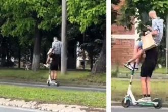 Teribilism pe DN7. Doi tineri sfidează moartea pe o trotinetă electrică