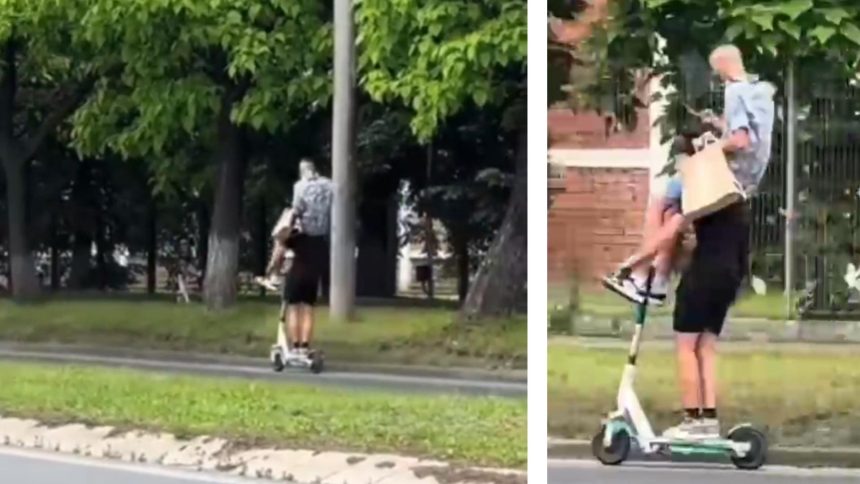 Teribilism pe DN7. Doi tineri sfidează moartea pe o trotinetă electrică