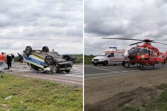 Accident grav la Belinț – autospecială de poliție răsturnată, intervenție SMURD la fața locului