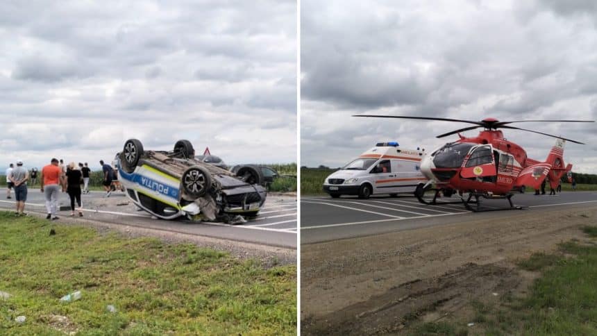 Accident grav la Belinț – autospecială de poliție răsturnată, intervenție SMURD la fața locului