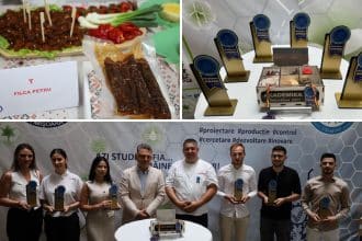 Studenți ai Facultății de Inginerie Alimentară din Timișoara prezentând produse alimentare inovatoare și tradiționale premiate la FIAStudentFest 2025.