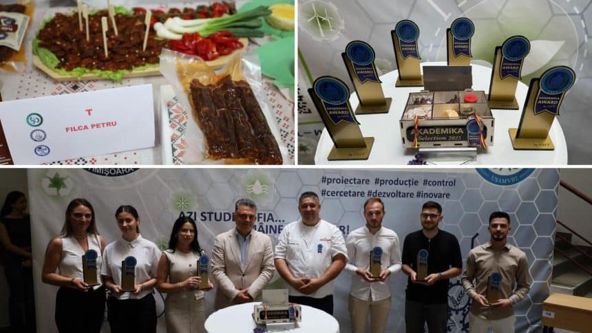Studenți ai Facultății de Inginerie Alimentară din Timișoara prezentând produse alimentare inovatoare și tradiționale premiate la FIAStudentFest 2025.