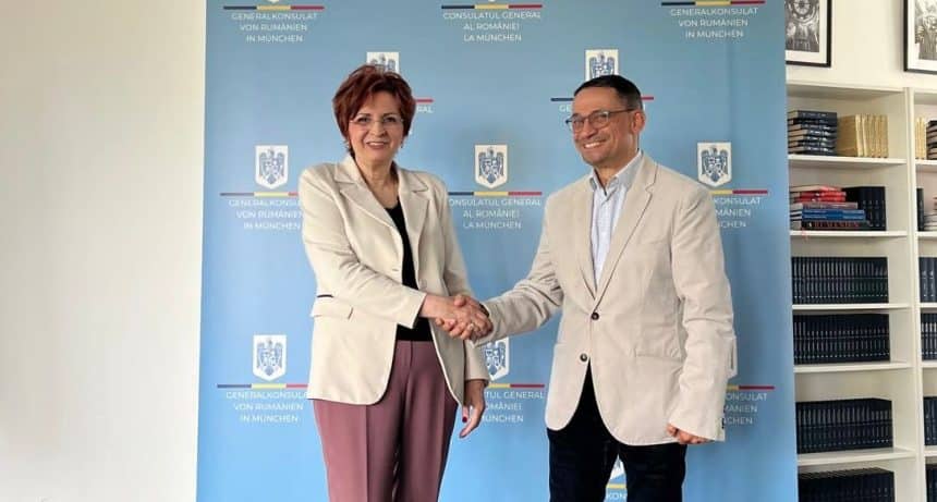 Florica Chiriță, președintele CCIAT, și dr. Cristian Mateescu, consilier economic la Consulatul General al României la München, discutând despre Forumul Internațional de Afaceri Timișoara 2026
