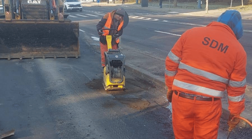 Utilaje de asfaltare și echipe de muncitori efectuând reparații curente pe un drum județean din Timiș.