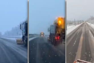 Drumari intervenind pe șoselele din Banat în timpul codului portocaliu de viscol și vânt puternic, cu trafic îngreunat în județul Timiș