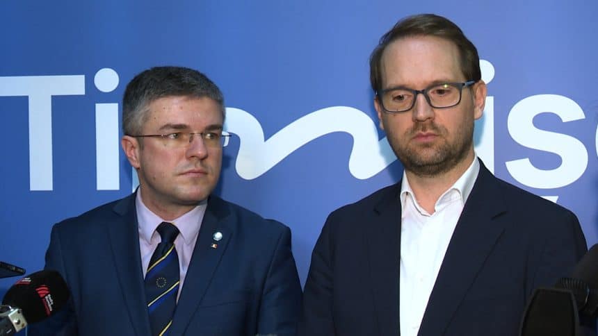 Primarul Dominic Fritz în timpul unei declarații despre programul SAFE și rolul Timișoarei în industria dual-use și de apărare.