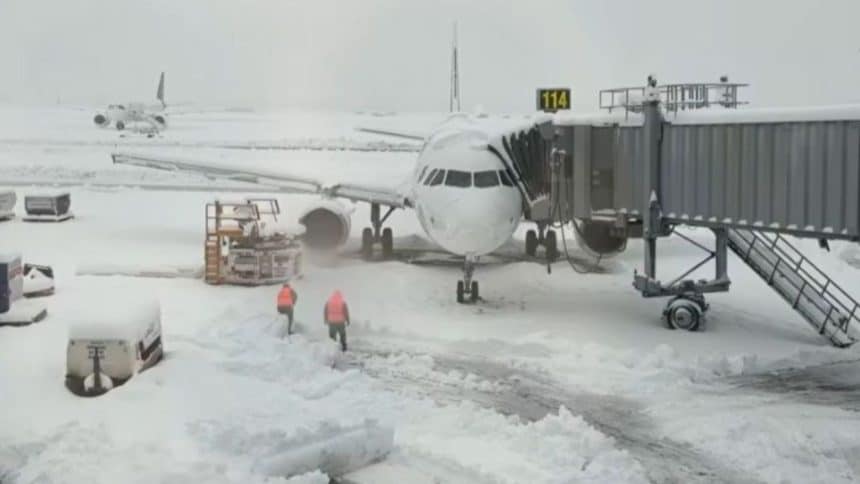 Avioane blocate pe pista Aeroportului Otopeni acoperite de zăpadă din cauza codului roșu de ninsori