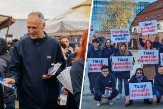 Susținători USR și lideri politici marcând victoria împotriva pensiilor speciale