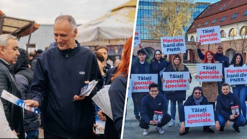Susținători USR și lideri politici marcând victoria împotriva pensiilor speciale