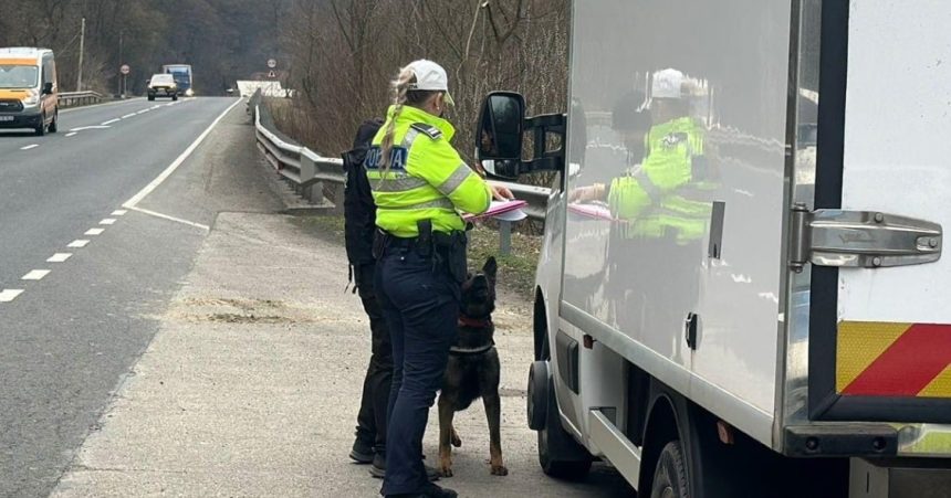Polițiști din județul Hunedoara efectuând teste de alcoolemie și verificând documentele șoferilor în trafic