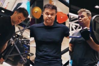 Marilen Pirtea filmând un clip de promovare într-o sală de fitness din Timișoara, în care vorbește despre un stil de viață activ