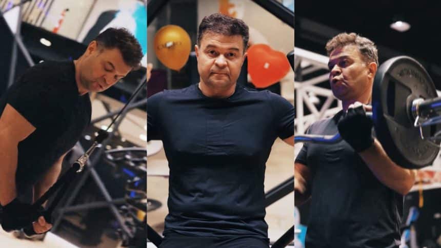Marilen Pirtea filmând un clip de promovare într-o sală de fitness din Timișoara, în care vorbește despre un stil de viață activ