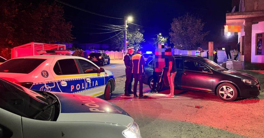 Echipaj de poliție intervenind la un local din Lugoj unde a avut loc o agresiune violentă pe strada Someșului.