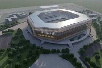 Randare arhitecturală cu noul stadion modern ce va fi construit în Timișoara pe locul vechii arene.