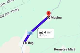 Harta județului Timiș evidențiind comunele Fibiș și Mașloc
