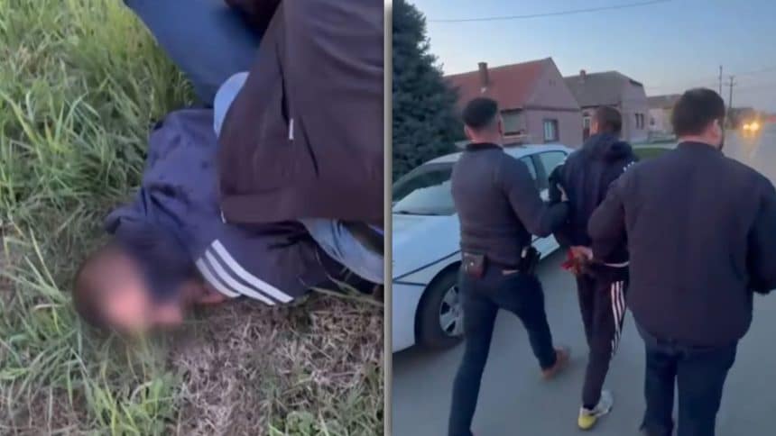 Masina de politie si politisti din Timis in timpul unei actiuni de retinere a unui barbat condamnat pentru trafic de migranti