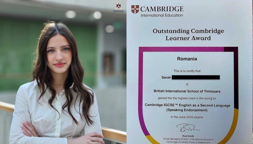 Sarah, eleva de la British International School Timișoara care a obținut cel mai bun rezultat mondial la examenul Cambridge.