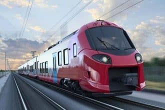 Noua ramă electrică Alstom Coradia Stream pregătită pentru plecare din Gara de Nord București spre Timișoara.