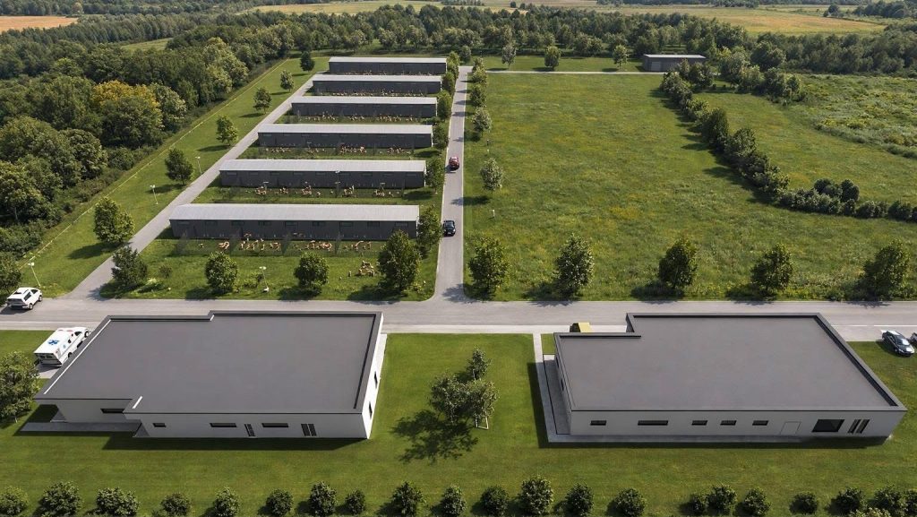 Randare a viitorului adăpost județean de animale din Grabaț, prevăzut cu cabinete veterinare și spații de găzduire conforme normelor UE.