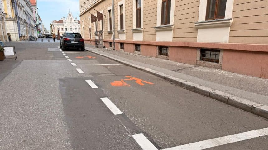 loc de parcare special amenajat pentru descărcarea mărfurilor în zona centrală a Timișoarei.