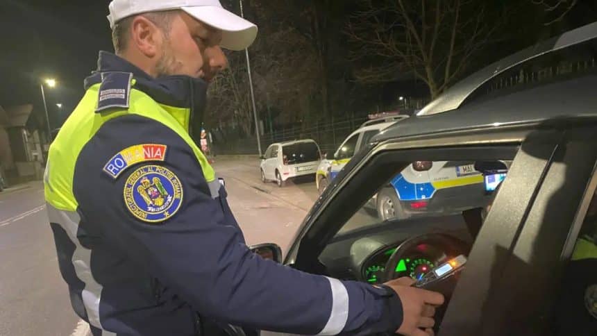Polițiști rutieri din Simeria efectuând controale pe DN7, unde a fost depistat bărbatul cu permis fals și drept de conducere anulat.