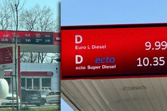 Panou cu prețuri la o benzinărie din Timișoara unde motorina standard afișează prețul de 9,99 lei pe litru.