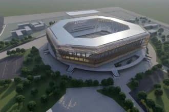 Proiectul noului stadion „Dan Păltinișanu” din Timișoara, ce va fi construit de firma Construcții Erbașu, cu o capacitate de 32.000 de locuri.