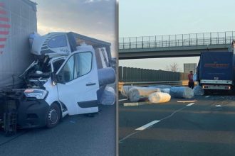 Accident grav pe A1 lângă Arad: Dubă despicată după impactul cu un TIR