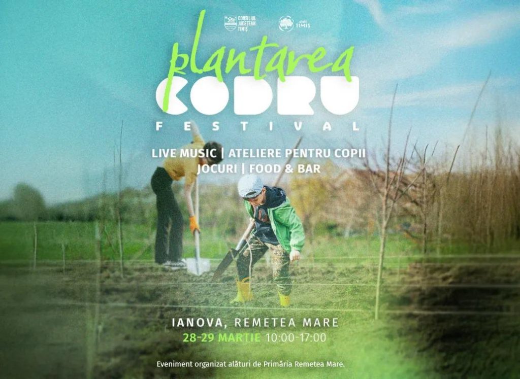 voluntari plantând puieți în cadrul evenimentului CODRU la Ianova, lângă Timișoara