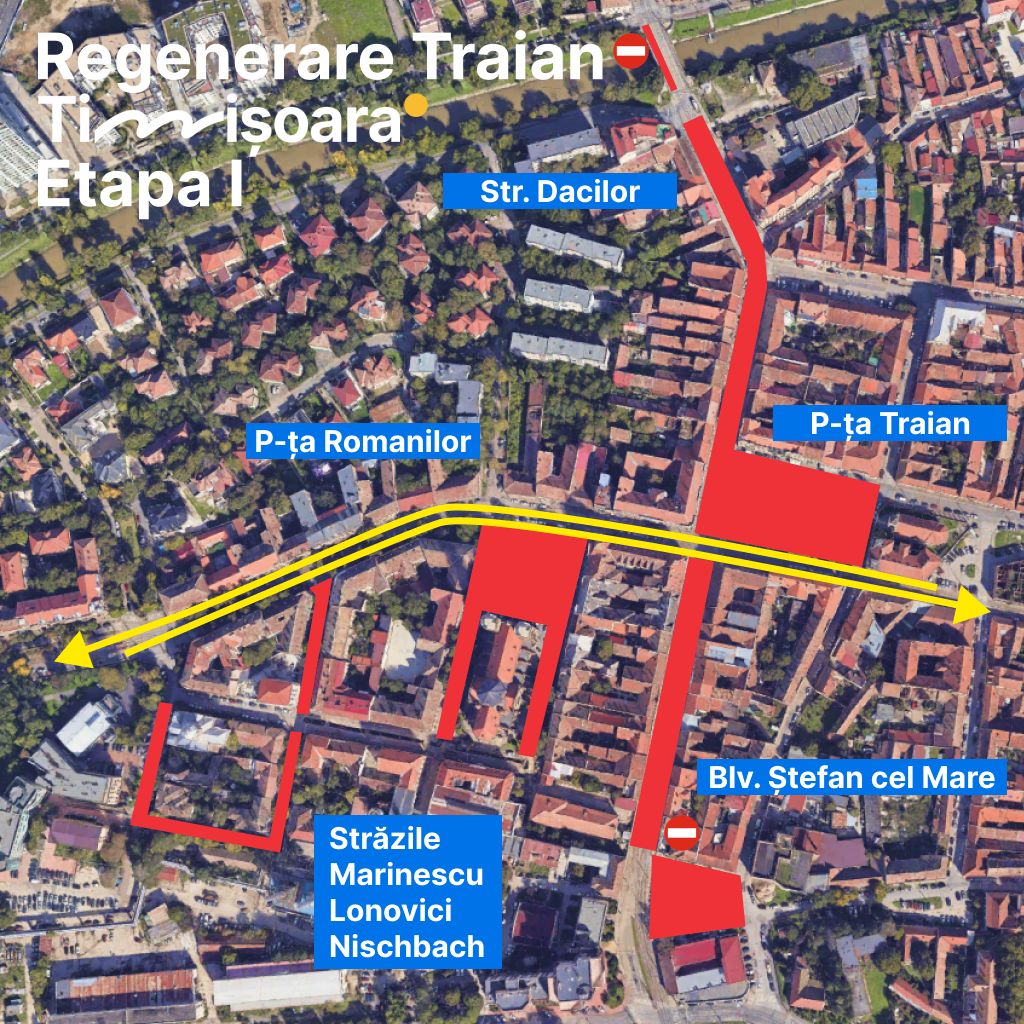 Hartă cu restricțiile de circulație și rutele ocolitoare pentru șantierul de regenerare urbană din cartierul Fabric, Timișoara
