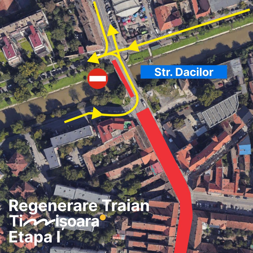 Hartă cu restricțiile de circulație și rutele ocolitoare pentru șantierul de regenerare urbană din cartierul Fabric, Timișoara