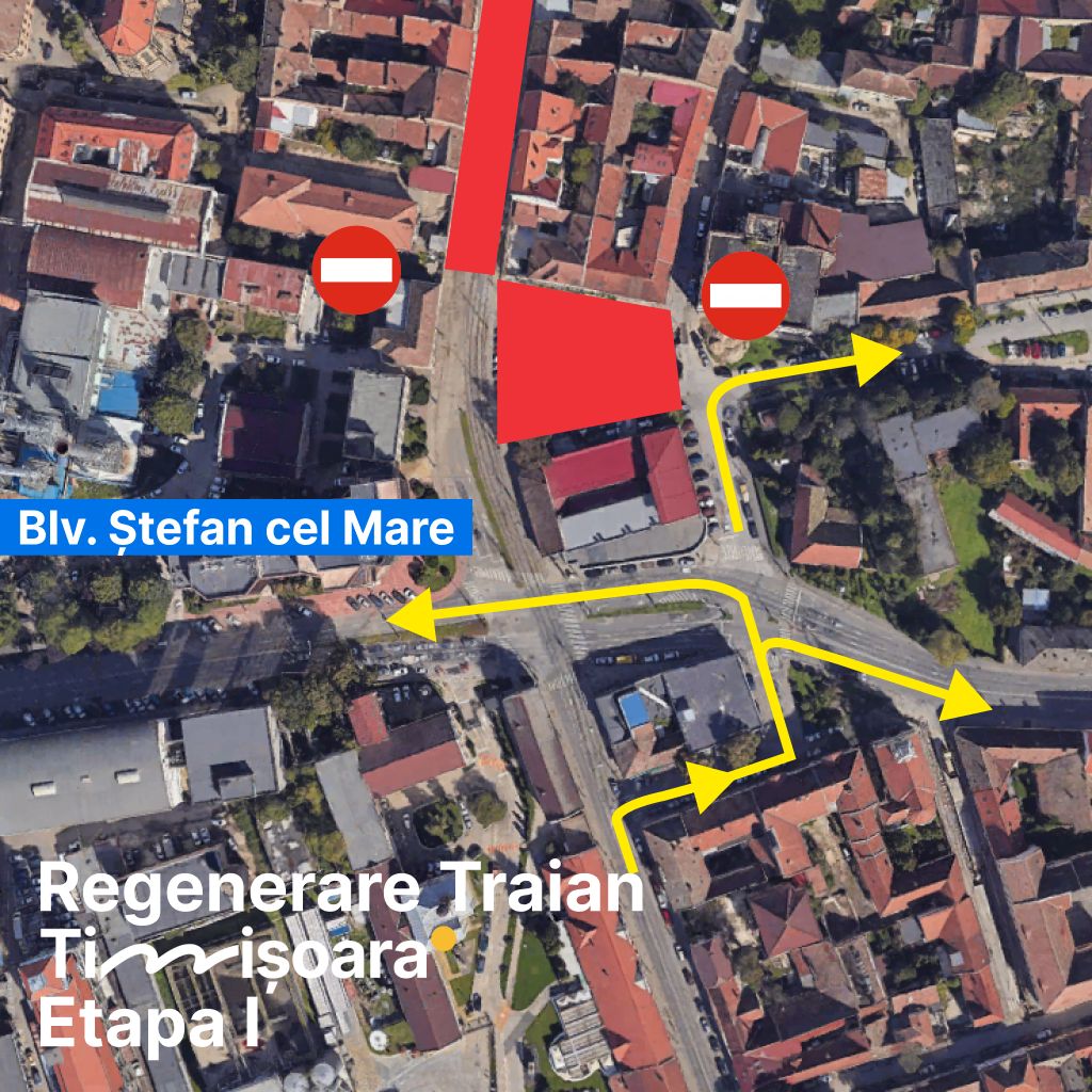 Hartă cu restricțiile de circulație și rutele ocolitoare pentru șantierul de regenerare urbană din cartierul Fabric, Timișoara
