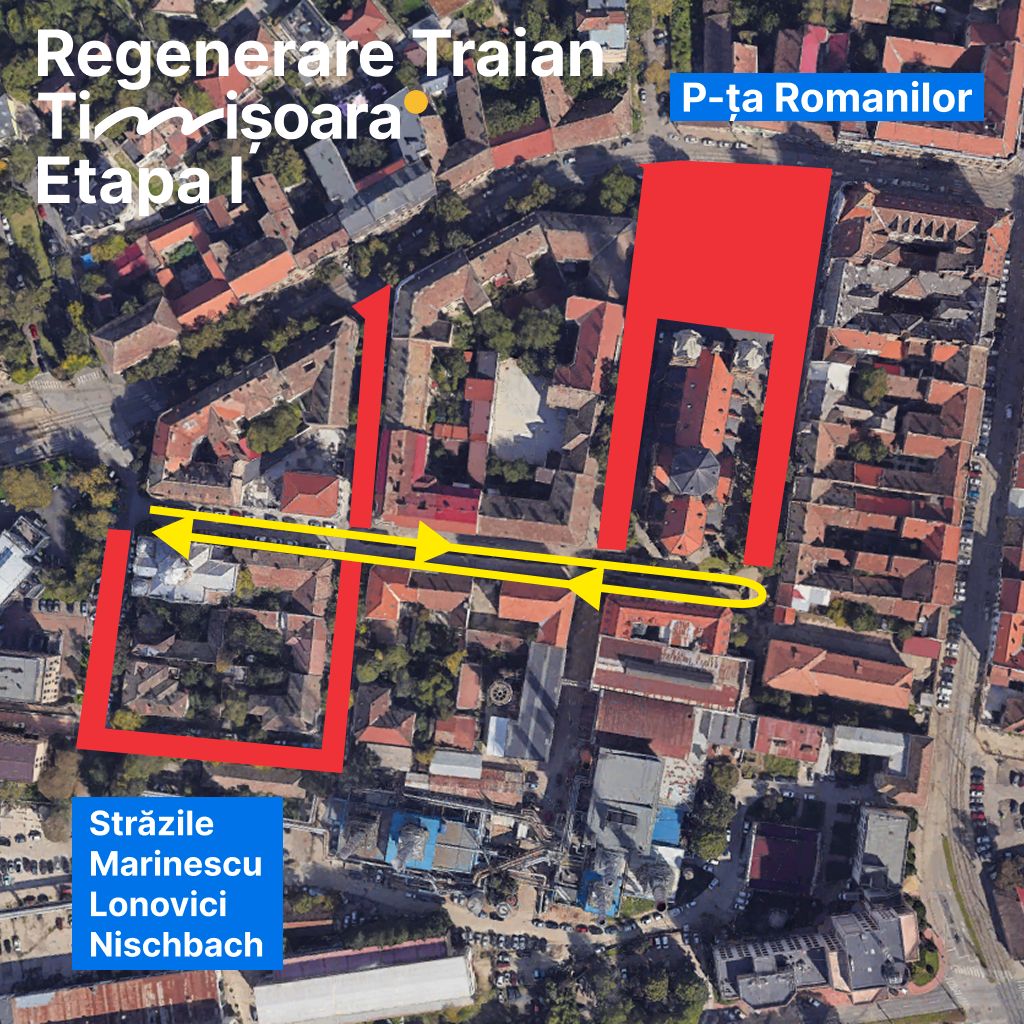 Hartă cu restricțiile de circulație și rutele ocolitoare pentru șantierul de regenerare urbană din cartierul Fabric, Timișoara
