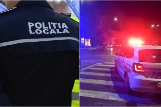 Mașină de poliție cu semnalele luminoase aprinse intervenind la un conflict între vecini în județul Hunedoara