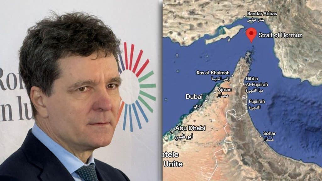 Președintele Nicușor Dan vorbind jurnaliștilor la Timișoara despre participarea tehnică a României la securizarea Strâmtorii Ormuz.