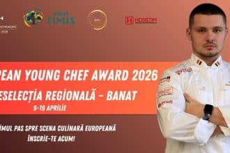 Tânăr bucătar aranjând un preparat de tip fine dining bazat pe ingrediente tradiționale bănățene.