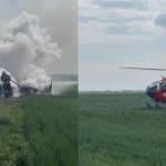 Rămășițele carbonizate ale unui autoturism pe DN 59C, după accidentul violent dintre Comloșu Mare și Teremia Mare, cu echipaje de poliție efectuând măsurători.